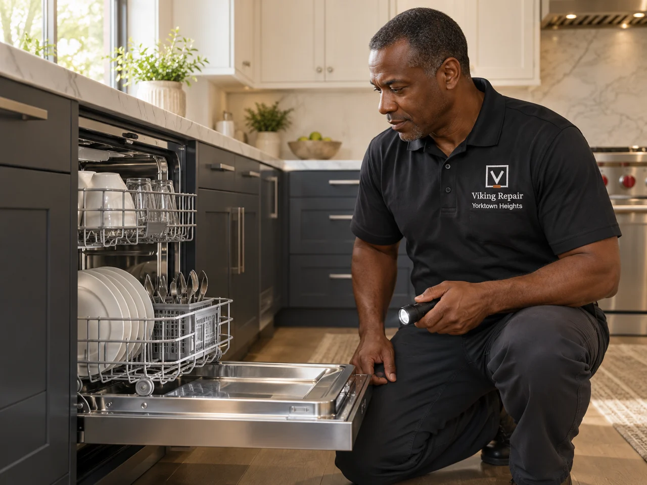 Illustration of a technician wearing the Viking Repair Yorktown Heights logo beside a Thermador dishwasher