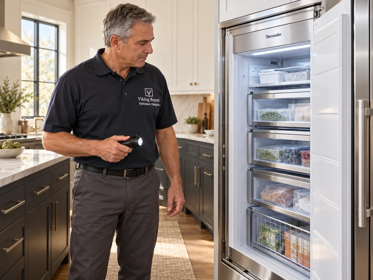 Illustration of a technician wearing the Viking Repair Yorktown Heights logo beside a Thermador freezer
